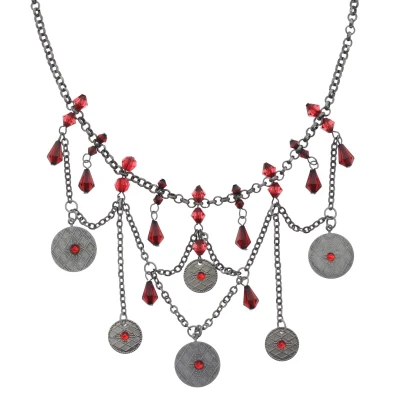 Afbeelding van Behave Antiek zilverkleurige ketting met rode kralen en muntjes hangers