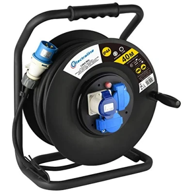 Afbeelding van Electraline 49059 rubberen verlengkabel 3G2,5 mm2 met kabelhaspel, 2 industriële stopcontacten IEC en 1 Schuko stekker 3 polig, geschikt voor campers, camping, boot, bouwplaats, zwart, 40 m