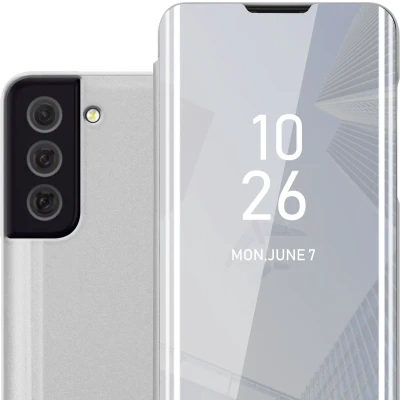 Afbeelding van Cadorabo Hoesje geschikt voor Samsung Galaxy S22 PLUS in AGAAT ZILVER Clear View Spiegel Beschermende Case met Tribunefunctie 360 Graden Bescherming Book Cover Etui
