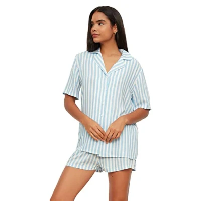 Afbeelding van Trendyol Groen Gestreepte Viscose Top Met Breed Patroon, Korte Broek, Geweven Pyjamaset Thmss21Pt0179