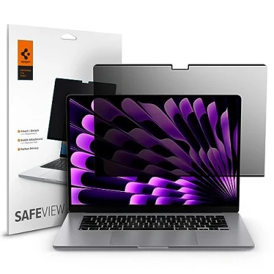 Afbeelding van Spigen SafeView Privacy Screenprotector compatibel met MacBook Air 15 inch M3/M2 Chip (vanaf 2023), Privacyfilter, Magnetische installatie, Anti vingerafdruk, Antikras