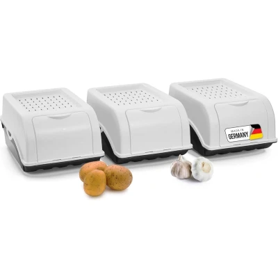Afbeelding van Novaliv Aardappelopbergdoos, 3 x klein, 3,5 l, wit, uienbox, stapelbaar, aardappelbox, uienopslag, aardappelmand, fruitcontainer, aardappelkist, vershouddoos, wortelen