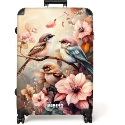 Afbeelding van NoBoringSuitcases.com® Koffer groot Reiskoffer lichtgewicht Vogels met roze bloemen Rolkoffer 4 wielen Grote trolley XL 98 liter bagage