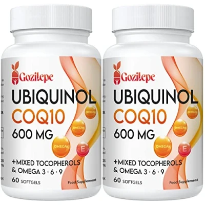 Afbeelding van Ubiquinol CoQ10 600 mg zachte capsules met Omega 3, 6, 9 en vitamine E, 30 porties co enzym Q10 (actieve vorm) supplement, hogere absorptie (60 stuks, verpakking van 2)
