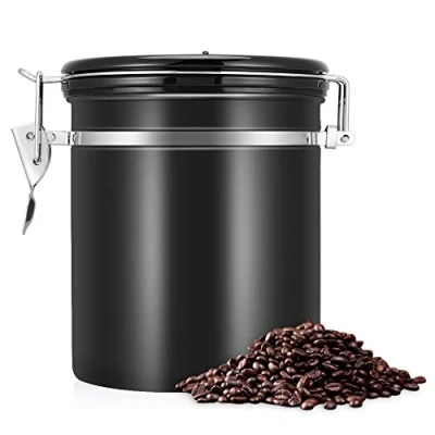 Afbeelding van Koffiebus, 304 roestvrijstalen koffiecontainer, luchtdicht aromablik, voorraadpot, pot, vacuümblik voor koffiebonen, poeder, thee, noten, cacao, 1,5 L, 16 oz (zwart)