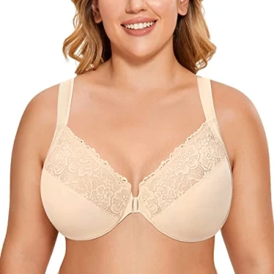 Afbeelding van DELIMIRA Dames Voorsluiting BH met beugel Kant Large Size Volledige cups zonder inzetstukken Beige 90C