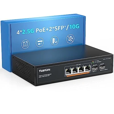 Afbeelding van YuanLey 6 poorts 2.5G PoE switch onbeheerd, 4 x basis T poorten, 2 10G SFP, IEEE802.3af/at, 78W, compatibel met 100/1000/2500Mbps, metalen ventilatorloos, desktop/wandmontage 2.5Gbe