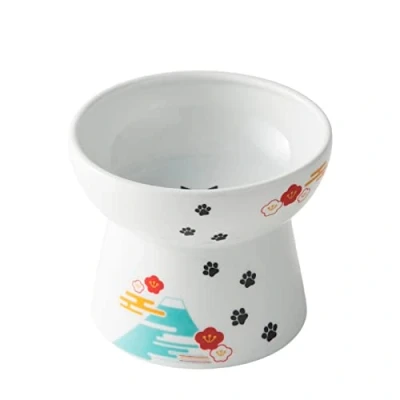 Afbeelding van Necoichi DC 0708 NY18 Verhoogde stressvrije kattenvoerbak verhoogd terugstroompreventie vaatwasser en magnetronbestendig nr. 1 verkoper in Japan! (Fuji Edition groot) WitL