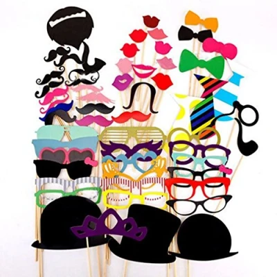 Afbeelding van JZK 58 delige foto rekwisieten, verkleedaccessoires, snor lippen, bril, stropdas, hoeden, baarden, fotobooth, fotobooth accessoireset voor bruiloft, verjaardag, tuinfeest