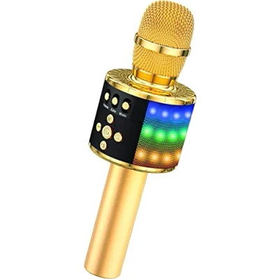Afbeelding van BONAOK Draadloze Bluetooth Karaoke Microfoon met Stuurbare LED Lampen, Draagbare Machine Luidspreker, Verjaardags Feest, Cadeau Speelgoed voor iPhone/Android pc (Lichtgoud)