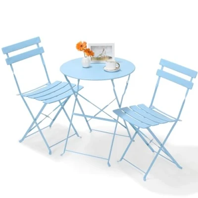 Afbeelding van Balkonmeubelset, 3 delig, balkonset, 2 klapstoelen, 1 klaptafel, bistro tuinmeubelset, metaal, inklapbare zitgarnituur voor tuin, balkonmeubel, inklapbaar balkon, terras en blauw