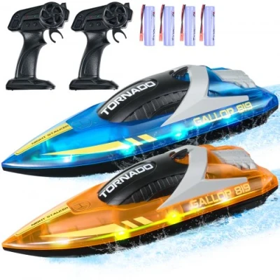 Afbeelding van VEVOR RC Boot, set van 2, 2,4 GHz, 12 km/u, op afstand bestuurde boot voor zwembaden en meren, raceboot met ledlicht, 4 oplaadbare batterijen, compleet lichaam, waterdicht, cadeau volwassenen