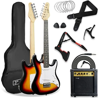 Afbeelding van 3rd Avenue XF 3/4 formaat elektrische gitaar, ultieme kit met 10W versterker, kabel, statief, gigbag, gitaarband, reservesnaren, plectrums, capo sunburst