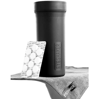Afbeelding van Eyeshaker Set Gepatenteerde brillenreiniger in een compleet pakket met EYE SHAKER, speciaal reinigingsmiddel en microvezeldoek innovatieve reiniging voor lenzen monturen zoals bij de opticien.