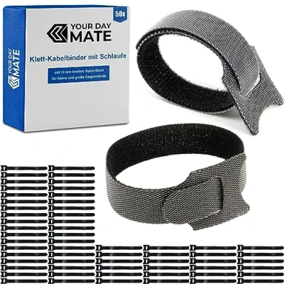 Afbeelding van Klittenband met lus, 50 stuks, 25 cm lang, in zwart, nylon kabel klittenband, lus strap rope, hersluitbare organiser, kabelbinders fastener, klem kabelriem
