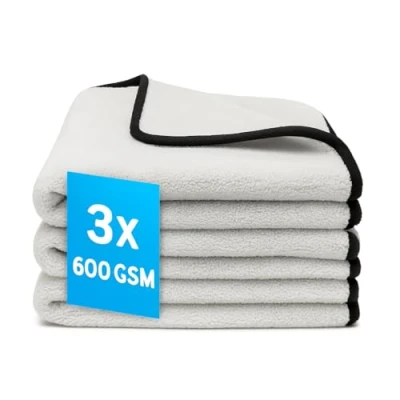 Afbeelding van Kemes Autodroogdoek, premium microvezel polijstdoeken, set van 3, grijs met zwarte rand, streepvrij, voor auto onderhoud, 30 x cm, 600 g/m²