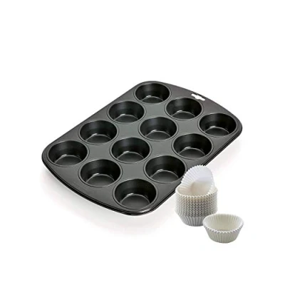 Afbeelding van Original Kaiser 2 delige muffinvormpje, muffinbakplaat met papieren bakvormen voor 12 muffins van 38 x 27 cm, cupcakevorm antiaanbaklaag