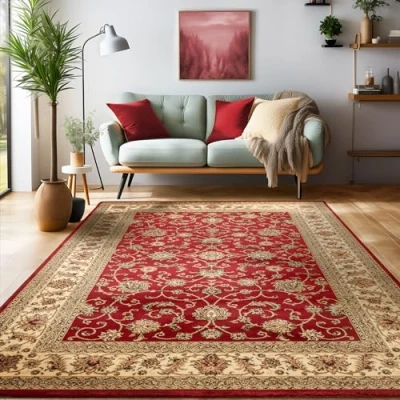 Afbeelding van Laagpolig vloerkleed, Oosters ontwerp, Vloerkleed Rood, 160 x 230 cm, Tapijten in oosterse stijl, Tapijt woonkamer