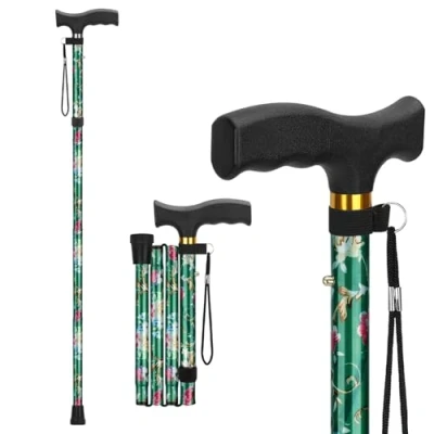 Afbeelding van supregear Opvouwbare Wandelstok, Lichtgewicht 5 Niveaus Verstelbare Stok met Polsband en T Handvat, Reiswandelstok voor Ouderen Gehandicapte Mannen Vrouwen, Balanceringshulpmiddel, Bloemen Groen