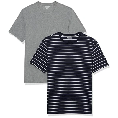 Afbeelding van Amazon Essentials Heren Slim Fit T shirt met korte mouwen en ronde hals, set van 2, grijs heather/navy strepen, XS