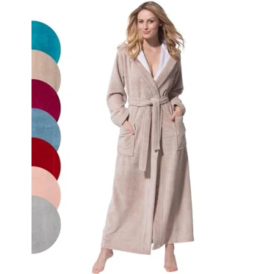 Afbeelding van Morgenstern badstof ochtendjas extra lang met capuchon bamboe katoen microfiber velour beige M