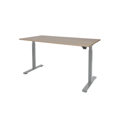 Afbeelding van Dextro basic zit/sta 120x80cm, electrisch hoogte verstelbare werkplek, T poot frame. Frame kleur aluminium (RAL9006) en blad Havanna/Kersen Licht.