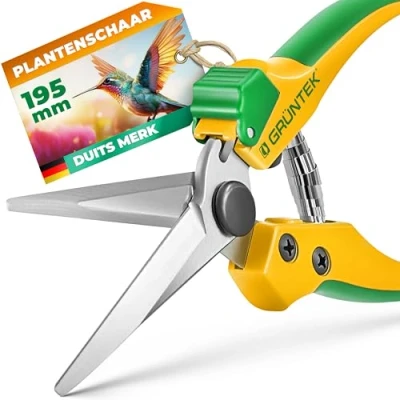 Afbeelding van GRÜNTEK Colibri Long snoeischaar, 195 mm, oogstschaar, plantenschaar, bloemenschaar met soft touch ergonomische handgrepen, gecentreerde SK5 precisiemessen bypass, compact design, gesmeed lichaam