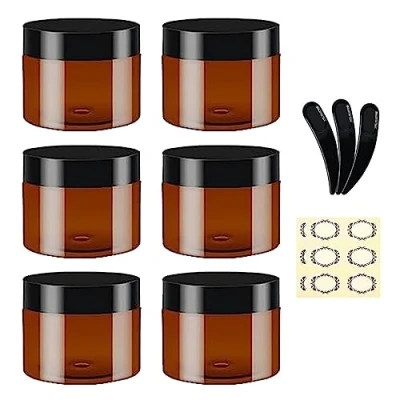 Afbeelding van Apstaqeoo Ronde cosmetische containers 6 stuks 100 ml lege amberkleurige plastic potten met zwarte deksels, 3 spatels en etiketten navulbare reispotten voor lotion, zalven, crèmes, gelopslag