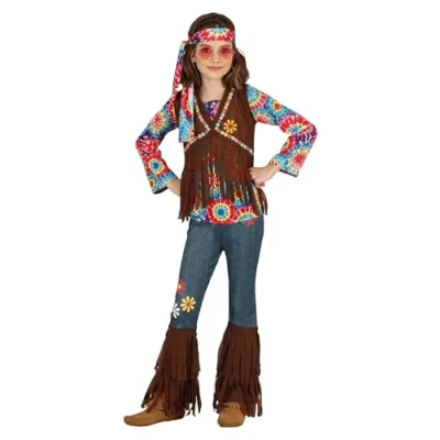 Afbeelding van Guirca Hippie Kostuum Easy Peasy Meisje Bruin, Multicolor 5 6 jaar Carnavalskleding Verkleedkleding