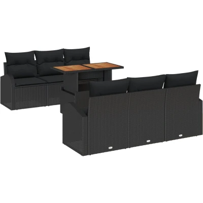 Afbeelding van vidaXL 7 delige tuin eetset met kussens Zwart Poly Rattan Acacia