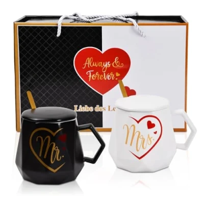 Afbeelding van Wisebom Keramische bekerset voor koppels, Mr en Mrs, cadeau set van 2 met deksel lepel, ideaal bruiloft, Valentijnsdag, verjaardag (400 ml)