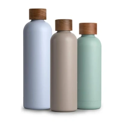 Afbeelding van Roestvrijstalen drinkfles, 750 ml, thermosfles 0,75 l met acaciahouten deksel, geïsoleerde waterfles, lekvrij bij koolzuur, mud grey