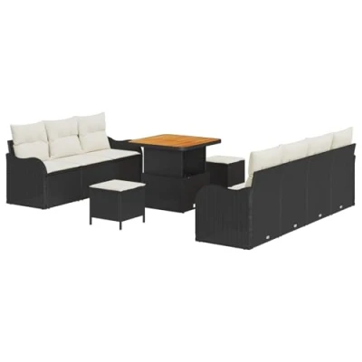 Afbeelding van vidaXL 10 delige Tuin Sofa Set met Kussens Zwart Poly Rattan Acacia, 2 zits Opslag &amp; Rattan, 3 Eet Acacia
