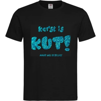 Afbeelding van T shirt Unisex Volwassenen Kerst Kerstmis Man Vrouw Grappig Tekst &quot;Kerst is KUT maar wel gezellig!!&quot; Op Voorkant korte mouw Zwart/Aqua GLITTER maat L