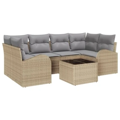 Afbeelding van vidaXL 7 delige tuinsofa set met kussens Beige Poly Rattan