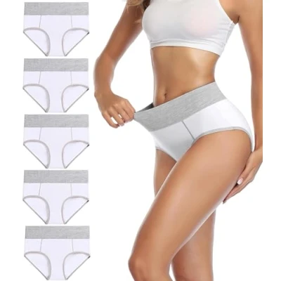 Afbeelding van wirarpa Damesondergoed, katoen, hoge taille, stretch, slips, zachte onderbroek, volledige dekking, 5 stuks, Wit, M