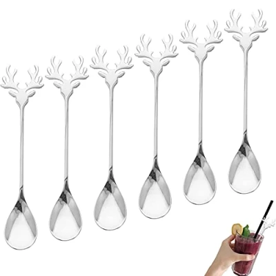 Afbeelding van 6 stuks Elanden koffielepel lepel in roestvrij staal Kerstlepel Kleine Creatieve Taart Theelepel eland Menglepelservies（zilver）
