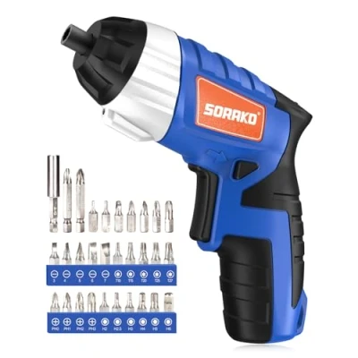 Afbeelding van SORAKO accuschroevendraaier, klein, 6 Nm, max. draaimoment, 1,3 Ah 3,6 V, met 30 accessoires, led licht en zaklamp, doe het zelfgereedschap voor thuisgebruik