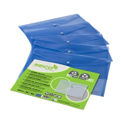 Afbeelding van Seco envelopmap A4+ blauw PP 180 micron 5 stuks drukknop milieuvriendelijk SE 3035 BU