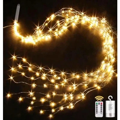 Afbeelding van yowin Lichtzweif Lichtbundel, 1 m, 100 leds, werkt op batterijen, 8 modi, waterval, lichtketting, waterdicht, met afstandsbediening, timer voor tuin, gieter balkon, buiten, binnendecoratie