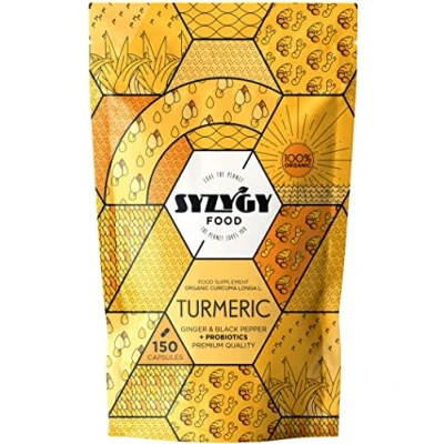 Afbeelding van SYZYGY FOOD Kurkuma met Gember en Zwarte Peper PROBIOTICS 1520 mg 150 Capsules Curcumine Zonder Hulpstoffen Gewrichten Spieren BIO Geproduceerd in EU