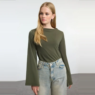 Afbeelding van Trendyol Kaki Ontspannen/Comfortabel Patroon Spaanse Mouw Flexibele Gebreide Blouse Twoaw25Bz00203