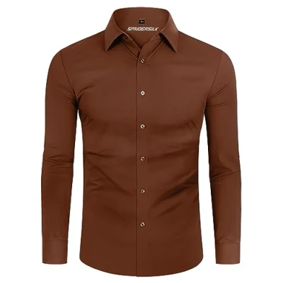Afbeelding van DEMEANOR Herenhemd, stretch, lange mouwen, vrijetijdshemden voor heren, slim fit, businessoverhemden strijkvrij, bruin, L
