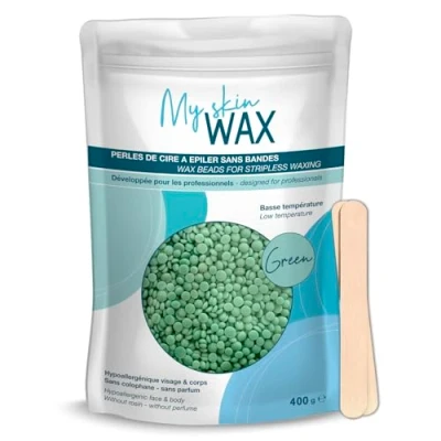 Afbeelding van My Skin Wax Striploze waxkorrels, hypoallergeen, waxparels voor harsapparaat, harde waxbonen gevoelige huid, mannen en vrouwen, gezicht, bikinilijn, Braziliaans (400g Groen)