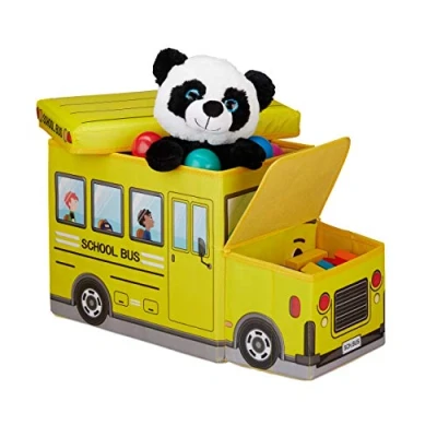 Afbeelding van Relaxdays speelgoedkist opvouwbaar opbergbox kind opbergruimte hocker School Bus