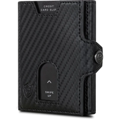Afbeelding van Slim Wallet met muntvak, kaarthouder RFID bescherming, tot 12 kaarten, MINI portemonnee leer, voor heren en dames, klein, portemonnee, zwart carbon, MÜNZFACH, Modern