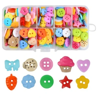 Afbeelding van 240 stuks kleurrijke knopen, verschillende maten, knutselknopen voor kinderen, naai accessoires in 10 vormen, met opbergdoos, naaien, handwerk, scrapbooking, doe het zelf en