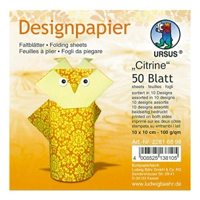 Afbeelding van Ursus 22816899 designpapier citrine, 50 vellen in 10 verschillende motieven, ca. x cm, 100 g/m², aan beide zijden bedrukt, ideaal voor het vouwen van creatieve origami dieren