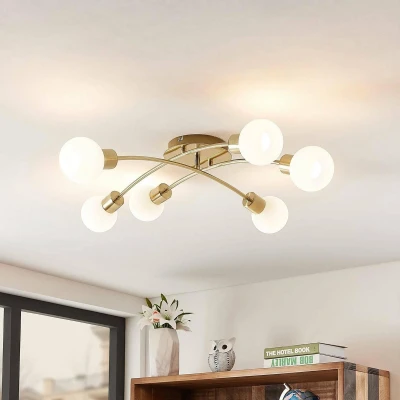 Afbeelding van Lindby plafondlamp 6 lichts ijzer, glas H: 18 cm E14 messing, wit