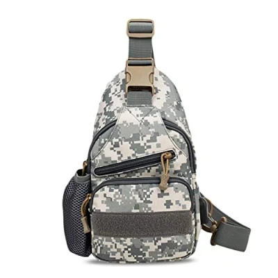 Afbeelding van FANDARE Tactische schoudertas voor heren, borsttas, schoudertas, rugzak met USB sling rugzak, militaire sporttas wandelen, avontuur, sport, reizen en joggen, grijs, camouflage, Large, Uniek